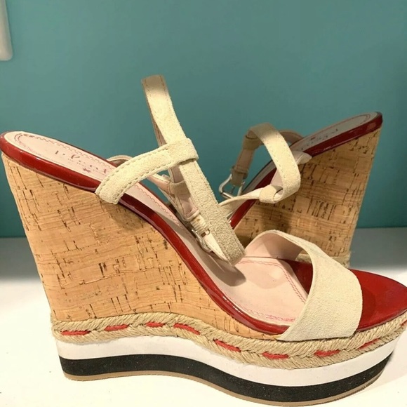 Red White and Brown Cork Wedges Shoes, size 6.5, pre-owned, good condition - Picture 2 of 4
